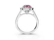 Halo Engagement Ring Setting for Fancy Pink Round Cut Center with Outer Bezel Rim, Pave Band and Prong Head in White Gold