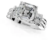 Solitaire Engagement Ring Setting for Asscher Cut Center with Grooved Bar Accent Band and Prong Head in Platinum