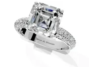 Solitaire Engagement Ring Setting for Asscher Cut Center with Domed Multi-Row Pave Band and Prong Head in Platinum