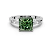 3 Stone Engagement Ring Setting for Fancy Green Princess Cut Center with Tapered Baguettes, Plain Band and Prong Head in Platinum