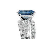 Solitaire Engagement Ring Setting for Fancy Blue Emerald Cut Center with Woven 3-Strand Pave Band and Prong Head in White Gold