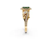 Milgrain Halo Engagement Ring Setting for Fancy Green Emerald Cut Center with Shoulder Bezels and Prong Head in Yellow Gold