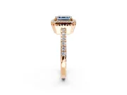 Halo Engagement Ring Setting for Fancy Blue Asscher Cut Center with Inner Milgrain Border and Prong Head in Rose Gold
