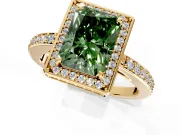 Halo Engagement Ring Setting for Fancy Green Radiant Cut Center with Metal-Rimmed Halo, Pave Band and Prong Head in Yellow Gold