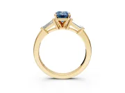 3 Stone Engagement Ring Setting for Fancy Blue Emerald Cut Center with Channel Baguette Accents and Prong Head in Yellow Gold