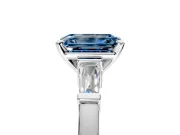 3 Stone Engagement Ring Setting for Fancy Blue Emerald Cut Center with Channel Baguette Accents and Prong Head in Platinum
