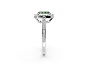 Bezel-Framed Halo Engagement Ring Setting for Fancy Green Radiant Cut Center with Pave Band and Prong Head in Platinum