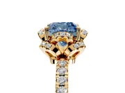 Halo Engagement Ring Setting for Fancy Blue Cushion Cut Center with Openwork Halo, Pave Band and Prong Head in Yellow Gold