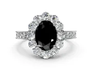 Halo Engagement Ring Setting for Fancy Black Oval Center with Milgrain Channel Band and Prong Head in White Gold