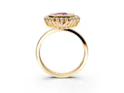 Halo Engagement Ring Setting for Fancy Pink Radiant Cut Center with Milgrain Bezel Rim, Plain Band and Prong Head in Yellow Gold