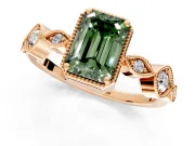 Vintage Station Engagement Ring Setting for Fancy Green Emerald Cut Center with Accents and Prong Head in Rose Gold
