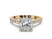 Solitaire Engagement Ring Setting for Cushion Cut Center with Widening Pave Band and Claw Prong Head in Yellow Gold