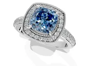 Milgrain Halo Engagement Ring Setting for Fancy Blue Cushion Cut Center with Three-Sided Pave Band and Prong Head in Platinum