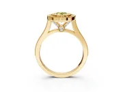 Halo Engagement Ring Setting for Fancy Yellow Oval Center with Milgrain Frame, Pave Band and Prong Head in Yellow Gold