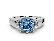 Solitaire Engagement Ring Setting for Fancy Blue Cushion Cut Center with Wide Band, Pave Collar and Prong Head in Sterling Silver