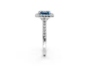 Halo Engagement Ring Setting for Fancy Blue Asscher Cut Center with Raised Halo, Pave Band and Prong Head in Platinum