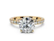 Solitaire Engagement Ring Setting for Round Cut Center with Round Cut Pave Band and Prong Head in Yellow Gold