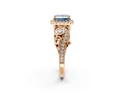 Bypass Halo Engagement Ring Setting for Fancy Blue Princess Cut Center with Bezel Accents, Milgrain and Prong Head in Rose Gold