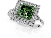 Halo Engagement Ring Setting for Fancy Green Princess Cut Center with Milgrain Rim, Pave Band and Prong Head in Sterling Silver