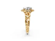 Halo Engagement Ring Setting for Oval Center with Open Scroll Shoulders and Prong Head in Yellow Gold