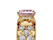 Pave Engagement Ring Setting for Fancy Pink Princess Cut Center with Curved Accent Rows, Openwork and Prong Head in Yellow Gold