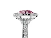 Halo Engagement Ring Setting for Fancy Pink Round Cut Center with Milgrain Pave Band and Bezel Head in Platinum