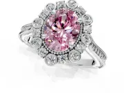 Milgrain Halo Engagement Ring Setting for Fancy Pink Oval Center with Bezel Point Accents and Prong Head in White Gold