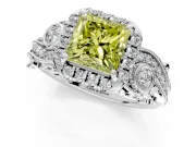 Milgrain Halo Engagement Ring Setting for Fancy Yellow Princess Cut Center with Shoulder Bezels and Prong Head in Sterling Silver