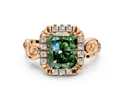 Halo Engagement Ring Setting for Fancy Green Radiant Cut Center with Open Scroll Shoulders and Prong Head in Rose Gold