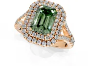 Double Halo Engagement Ring Setting for Fancy Green Emerald Cut Center with Narrow Pave Split Shank and Prong Head in Rose Gold
