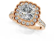 Milgrain Floral Halo Engagement Ring Setting for Cushion Cut Center with Pave Band and Prong Head in Rose Gold