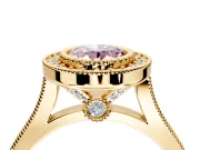 Halo Engagement Ring Setting for Fancy Pink Oval Center with Milgrain Frame, Pave Band and Prong Head in Yellow Gold