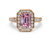 Bezel-Framed Halo Engagement Ring Setting for Fancy Pink Emerald Cut Center with Pave Band and Prong Head in Rose Gold