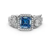 Milgrain Halo Engagement Ring Setting for Fancy Blue Asscher Cut Center with Shoulder Bezels and Prong Head in Platinum