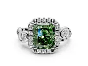 Halo Engagement Ring Setting for Fancy Green Radiant Cut Center with Open Scroll Shoulders and Prong Head in Platinum