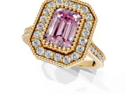 Halo Engagement Ring Setting for Fancy Pink Emerald Cut Center with Milgrain Frame, Pave Band and Prong Head in Yellow Gold
