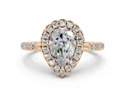 Pave Halo Engagement Ring Setting for Pear-Shaped Center with Single Row Pave Band and Prong Head in Rose Gold