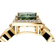 Halo Engagement Ring Setting for Fancy Green Princess Cut Center with Floral Band and Prong Head in Yellow Gold
