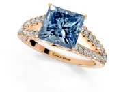 Solitaire Engagement Ring Setting for Fancy Blue Princess Cut Center with Pave Split Shank and Prong Head in Rose Gold
