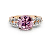 Cluster Engagement Ring Setting for Fancy Pink Round Cut Center with 2-Row Shoulder Clusters and Prong Head in Rose Gold