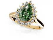 Starburst Halo Engagement Ring Setting for Fancy Green Pear-Shaped Center with Thin Round-Wire Band and Prong Head in Yellow Gold