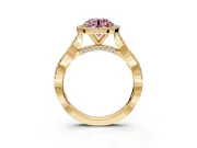 Halo Engagement Ring Setting for Fancy Pink Round Cut Center with Twist Band and Prong Head in Yellow Gold