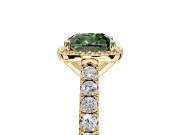 Halo Engagement Ring Setting for Fancy Green Cushion Cut Center with Full Pave Band and Prong Head in Yellow Gold