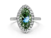 Halo Engagement Ring Setting for Fancy Green Marquise Center with Narrowing Pave Band and Prong Head in Platinum