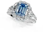 Halo Engagement Ring Setting for Fancy Blue Emerald Cut Center with Two-Strand Split Shank and Prong Head in Sterling Silver