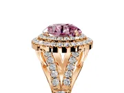 Double Halo Engagement Ring Setting for Fancy Pink Round Cut Center with Narrow Pave Split Shank and Prong Head in Rose Gold
