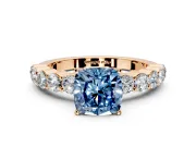 Shared-Prong Engagement Ring Setting for Fancy Blue Cushion Cut Center with Graduated Accents and Prong Head in Rose Gold