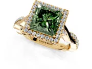Halo Engagement Ring Setting for Fancy Green Princess Cut Center with Twist Band and Prong Head in Yellow Gold