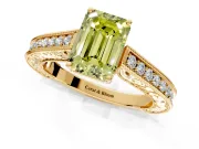 Solitaire Engagement Ring Setting for Fancy Yellow Emerald Cut Center with Engraved Pave Band and Prong Head in Yellow Gold