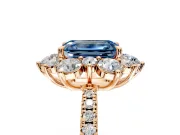 Floral Halo Engagement Ring Setting for Fancy Blue Emerald Cut Center with Pave Accents and Prong Head in Rose Gold